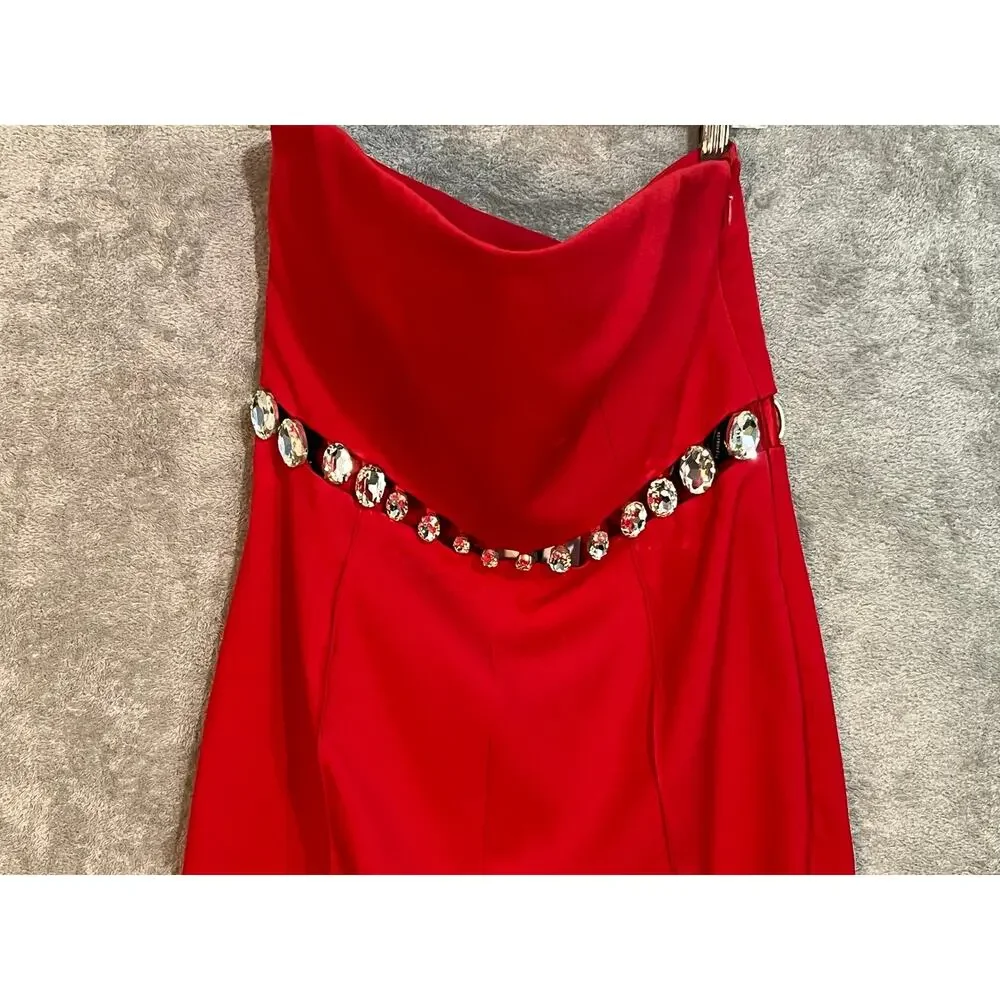 Retrofete Jumpsuit Medium Fiery Red Rhinestone Belt Glam Bling Formal NWT